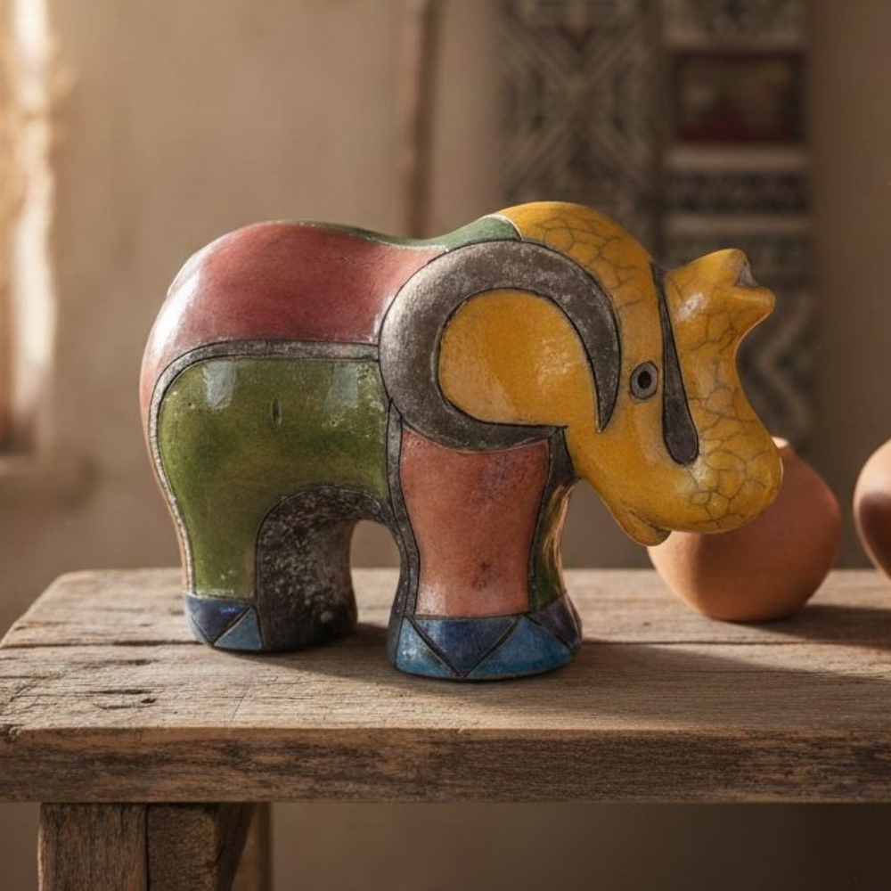 Elephant Sculpture Figurine Raku Pottery Trunk Up Colorful Glaze South Africa